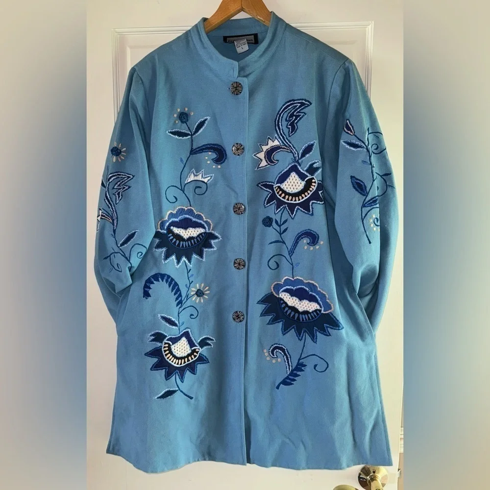 Indigo Moon Blue Embroidered Coat Boho Size Large